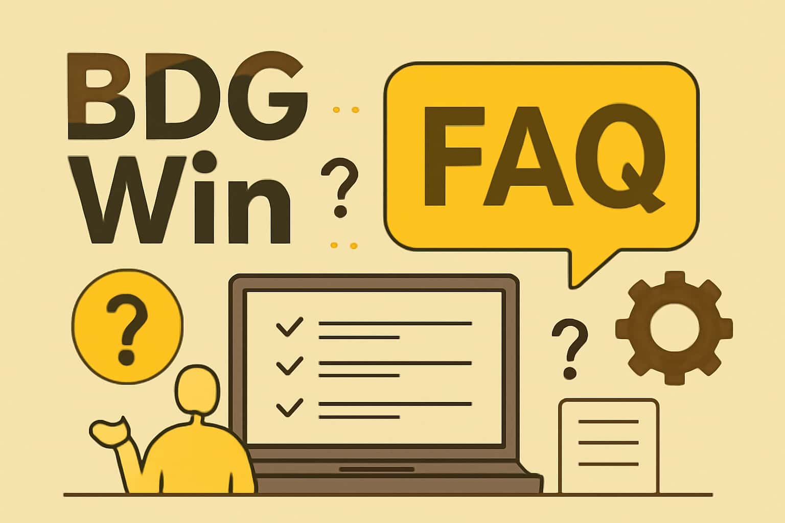 An informational scene depicting frequently asked questions for BDG Win users with vibrant #cfbe23 accents.